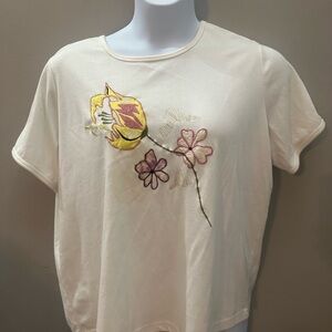 Floral Embroidered White  Top Short Sleeve Tshirt Indigo Moon 1X Casual Boho